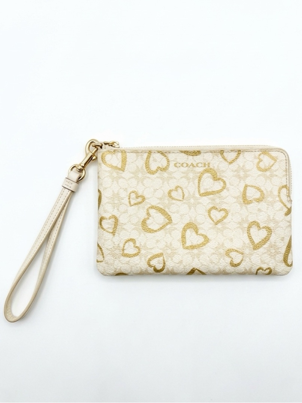 Coach Waverly Hearts Wristlet- Cream & Gold